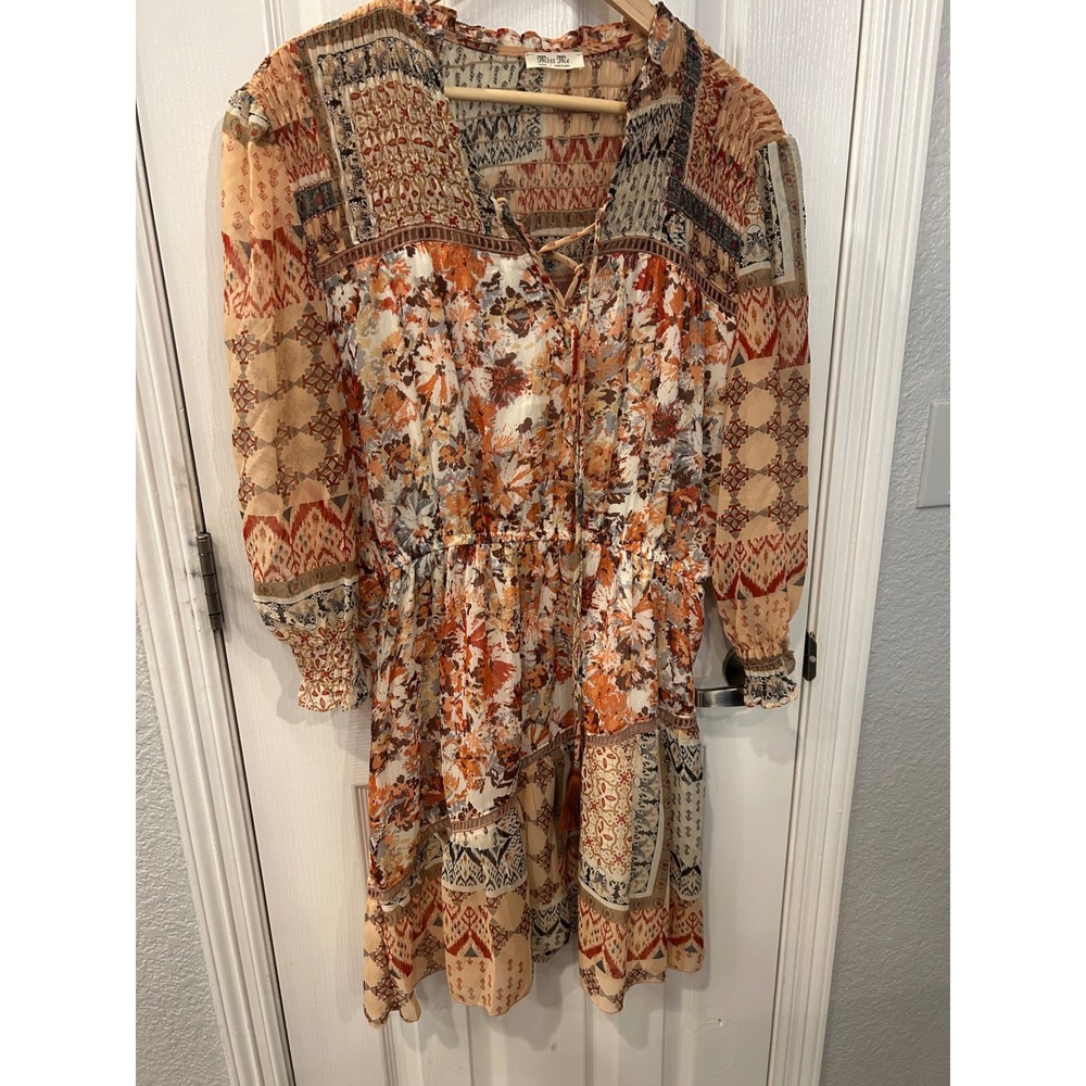 Miss Me Mini Dress Orange Mixed Print Lace Up Boho Tiered Ruffle MD1475L‎ Large